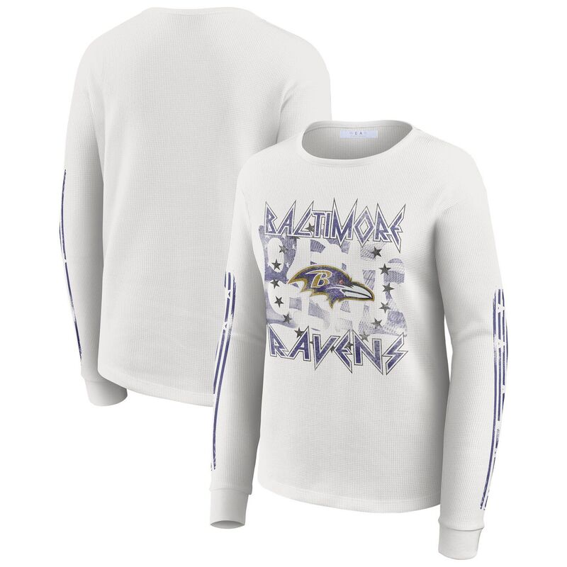 お召しもの バイ エリン アンド濫りがわしい レディース トップス ティーシャツ 長袖 グラフィック Women\u0027s WEAR by Erin Andrews White Baltimore Ravens Graphic Waffle Long-Sleeve T-Shirt Rav White 白いこと レディースファッション-トップス
