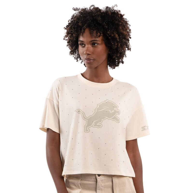 クランク レディース トップス ティーシャツ クロップド Women\u0027starter Cream Detroit Lions Rhinestone Sprinkle Boxy Cropped T-Shirt Lns Beige ベージュ レディースファッション-トップス-Tシャツ・カットソー
