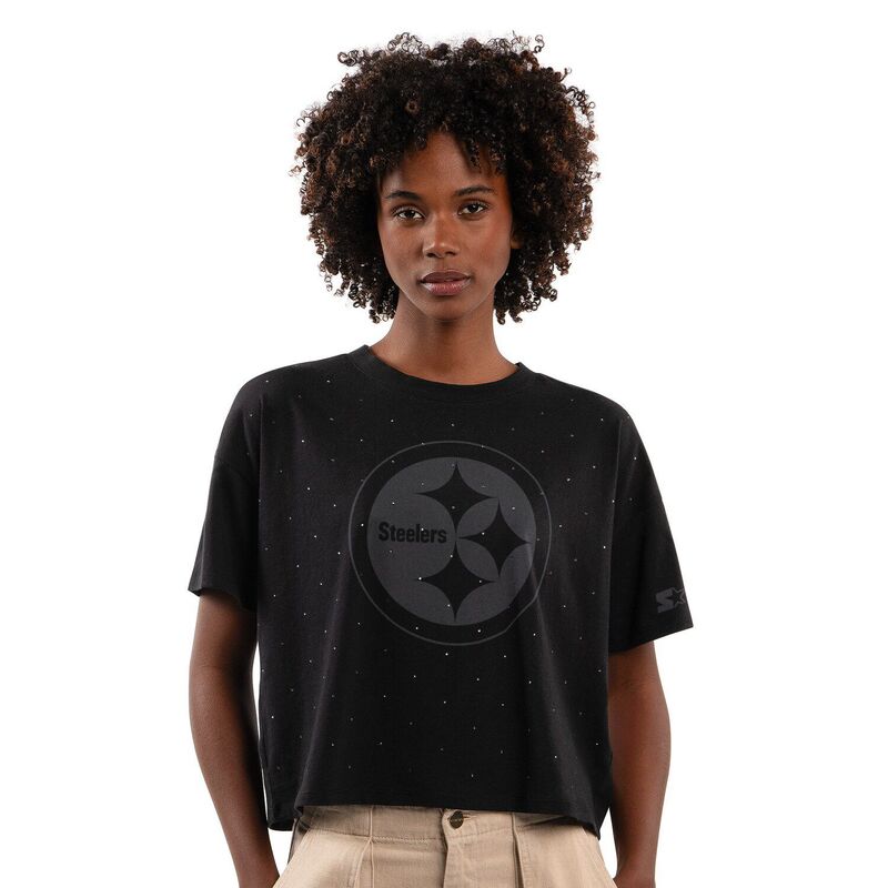 クランク レディース トップス ティーシャツ クロップド Women\u0027starter Black Pittsburgh Steelers Rhinestone Sprinkle Boxy Cropped T-Shirt Stl Black 黒いこと Tシャツ・カットソー-トップス-レディースファッション