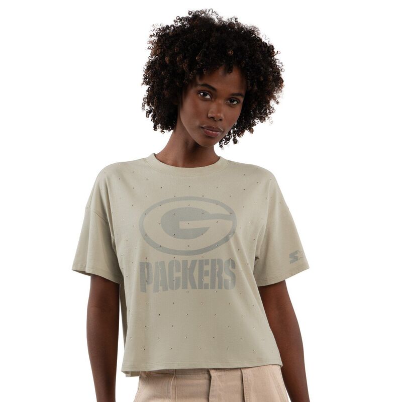 クランク レディース トップス ティーシャツ クロップド Women\u0027starter Khaki Green Bay Packers Rhinestone Sprinkle Boxy Cropped T-Shirt Pkr Beig K 緑であること Tシャツ・カットソー-レディースファッション-トップス