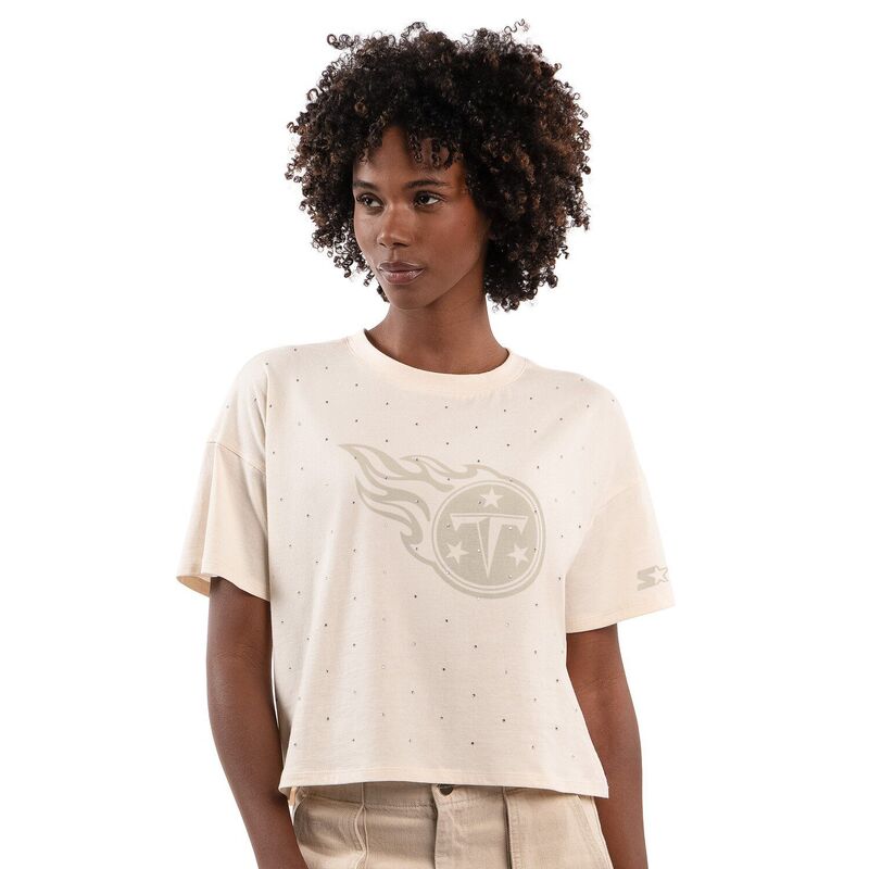 クランク レディース トップス ティーシャツ クロップド Women\u0027starter Cream Tennessee Titans Rhinestone Sprinkle Boxy Cropped T-Shirttn Beige ベージュ レディースファッション-Tシャツ・カットソー