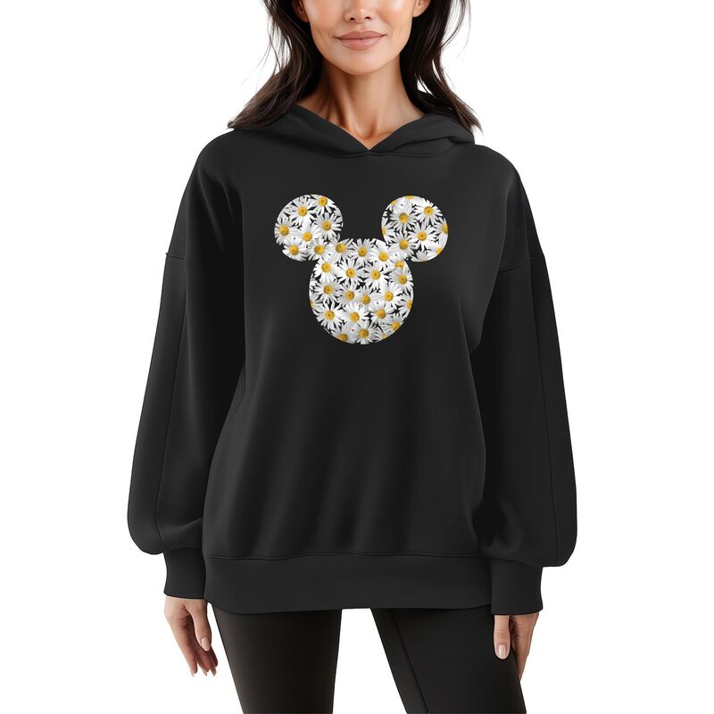 ディズニー レディース トップス Tシャツ スウェット フリース パーカー Women's Disney's Mickey Mouse Daisies Oversized Fleece Hoodie Sweatshirt Black ブラック|ReVida 店