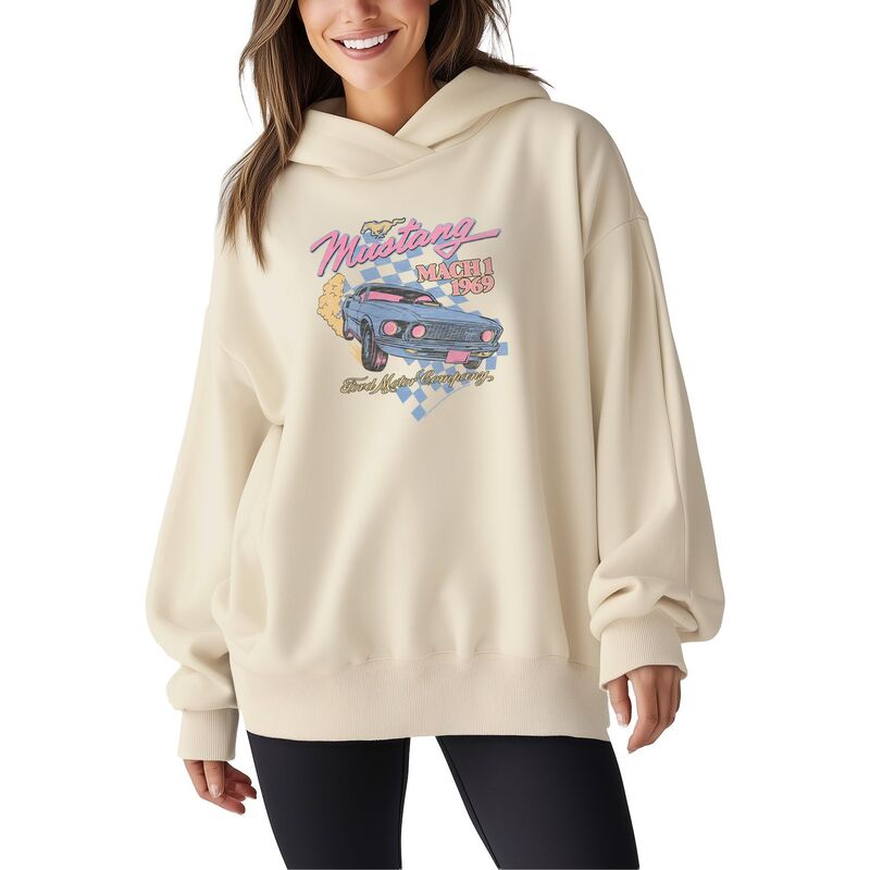 アニメキャラクター レディース トップス Tシャツ スウェット フリース パーカー Licensed Character Women's Ford Motor Company Mustang Oversized Fleece Hoodie Sweatshirt Cream クリーム|ReVida 店