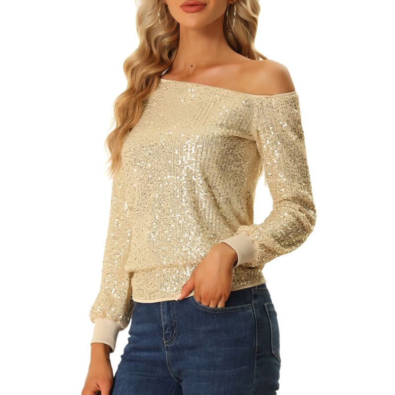アレグラ ケー レディース トップス Tシャツ スパンコール ALLEGRA K One Shoulder Sequin Tops for Women Long Sleeve Holiday Party Sparkly Top Gold ゴールド