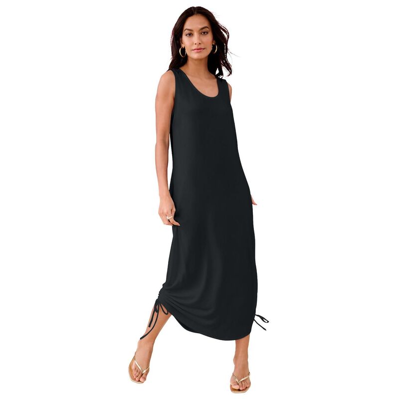 ロアマンズ レディース トップス ワンピース プラスサイズ ギャザー ミディ ノースリーブ ニット Roaman's Women's Plusize Stretch Knit Sleeveless Midi Dress With Ruched Hem Detail Black ブラック