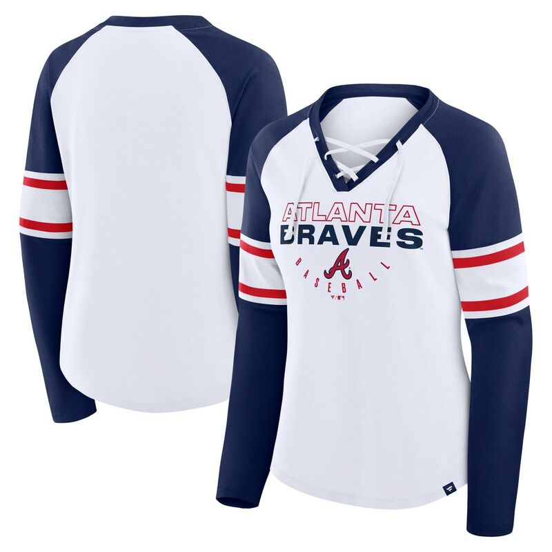 ファナティクス レディース トップス プルオーバー Vのど首 スピード競技 Women\u0027s Fanatics White/Navy Atlanta Braves Blitz Package Raglan Lace-Up V-Neck Long Sleeve T-Shirt Brv White 白いこと