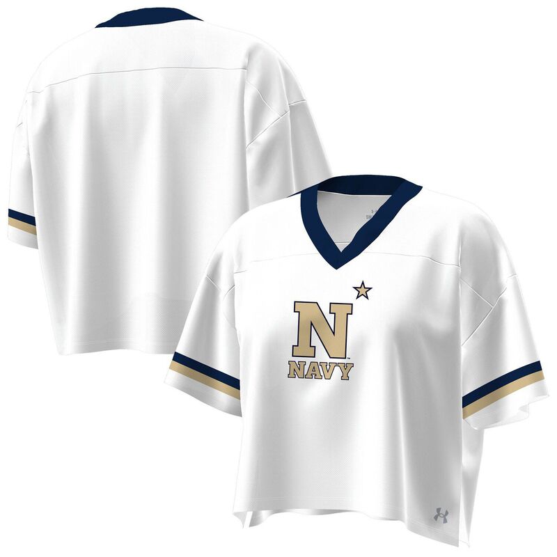 アンダーアーマー レディース トップス プルオーバー Vネックロップド プルオーバー Women\u0027s Under Armour White Navy Midshipmen Fashion Jersey Boxy Cropped V-Neck T-Shirt Nvy White 白いこと