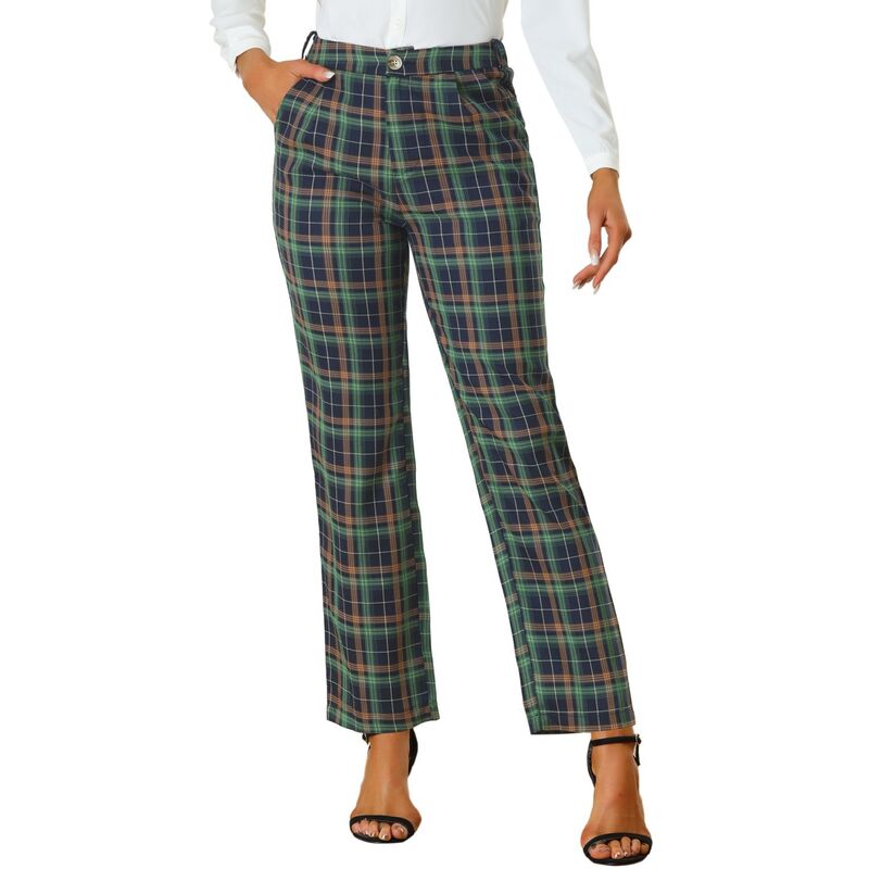 アレグラ ケー レディース ボトムス カジュアルパンツ ストレート ALLEGRA K Women's Plaid Elastic Waist Button Zipper Straight Leg Long Pants Blue Green ブルー｜ReVida 店