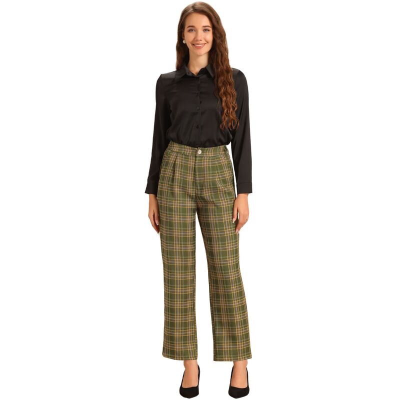 アレグラ ケー レディース ボトムス カジュアルパンツ ストレート ALLEGRA K Women's Plaid Elastic Waist Button Zipper Straight Leg Long Pants Dark Green グリーン|ReVida 店