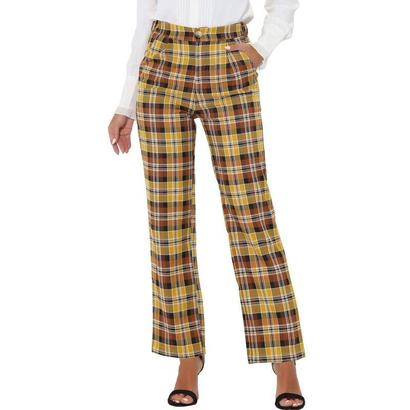 アレグラ ケー レディース ボトムス カジュアルパンツ ストレート ALLEGRA K Women's Plaid Elastic Waist Button Zipper Straight Leg Long Pants Yellow イエロー|ReVida 店