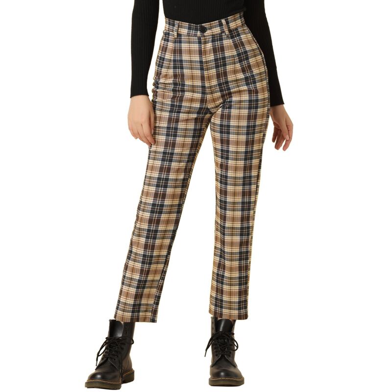 アレグラ ケー レディース ボトムス カジュアルパンツ ハイウエスト ALLEGRA K Women's Casual Plaid Pants Elastic High Waist Work Trousers Dark Brown ブラウン