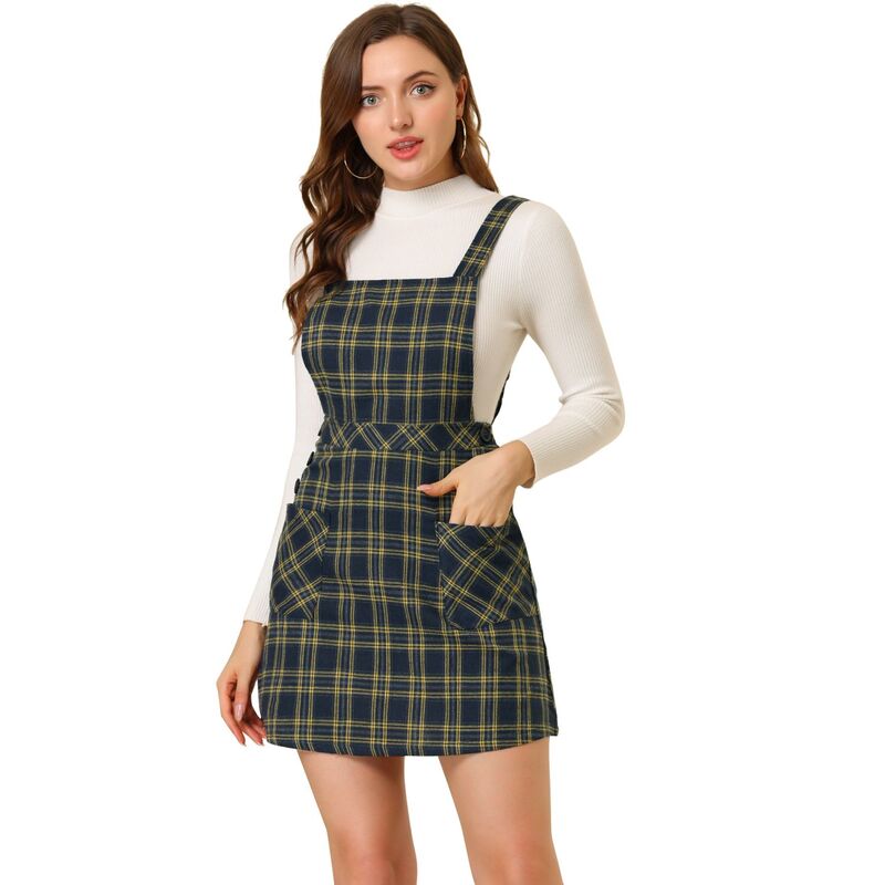 アレグラ ケー レディース トップス 衣裳 A 伝達ルート 大層らしい櫂 ALLEGRA K Women\u0027s Plaid Button Decor A-Line Pinafore Overall Dress Navy Blue 米国海軍