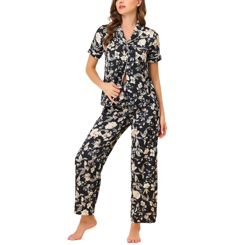 cheibear レディース アンダーウェア ナイトウェア フラワー柄 パンツ サテン シルク フラワー cheibear Women'silk Floral Satin Short Sleeves Top and Pants Pajama Set Black White ホワイト｜ReVida 店 8,495円