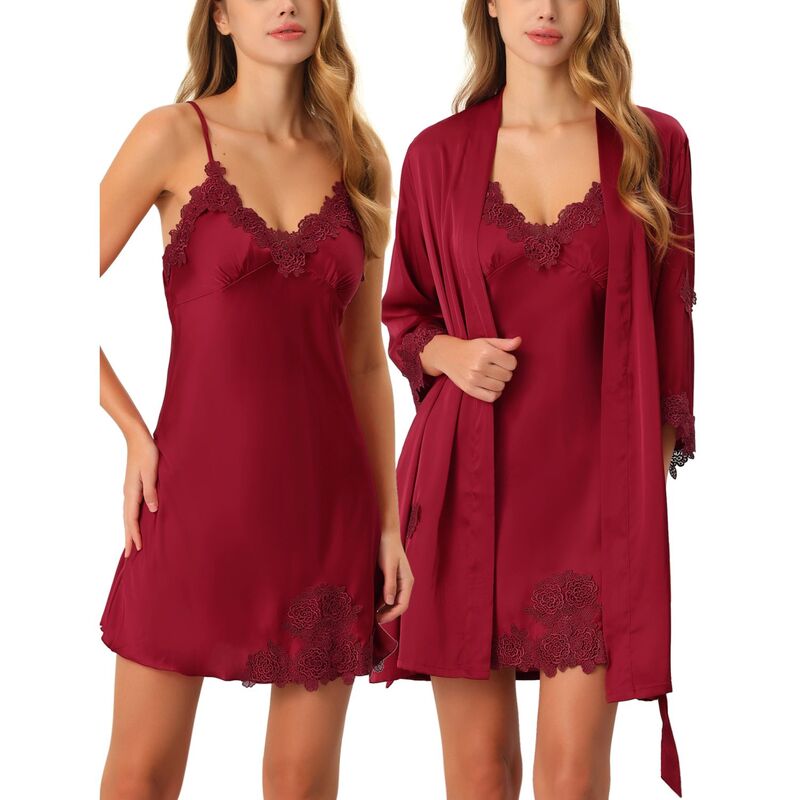 cheibear レディース アンダーウェア ナイトウェア サテン シルク cheibear Women's 2pcs Pajama Sleepwear Silk Cami Nightdress With Robe Satin Sets Red レッド