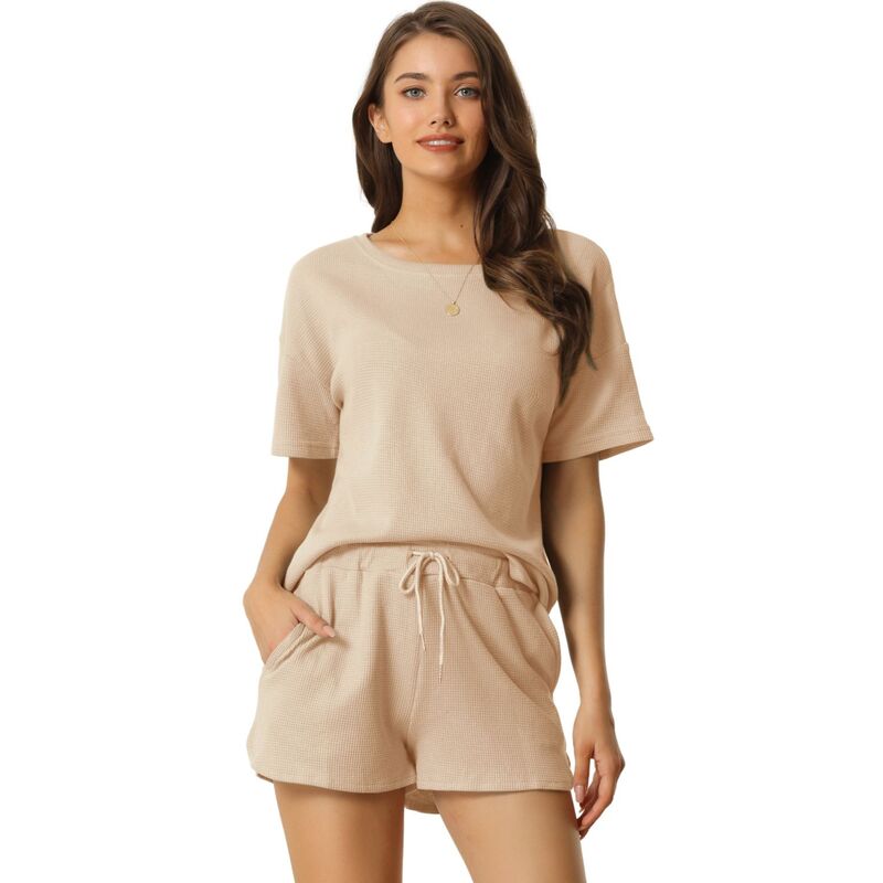cheibear レディース アンダーウェア ナイトウェア ショートパンツ ニット cheibear Women'short Sleeve Pullover Top with Shorts Casual Waffle Knit Loungewear Set Apricot アプリコット