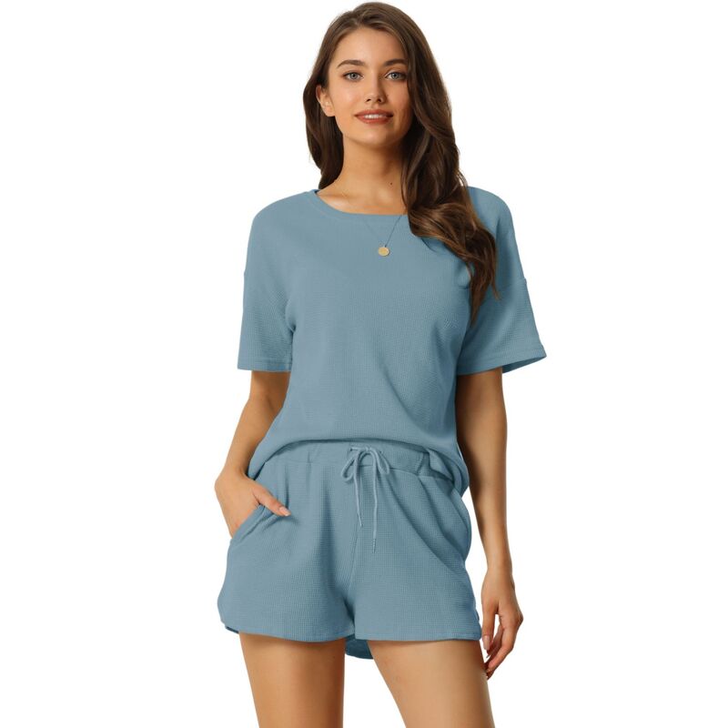 cheibear レディース アンダーウェア ナイトウェア ショートパンツ ニット cheibear Women'short Sleeve Pullover Top with Shorts Casual Waffle Knit Loungewear Set Gray Blue グレー