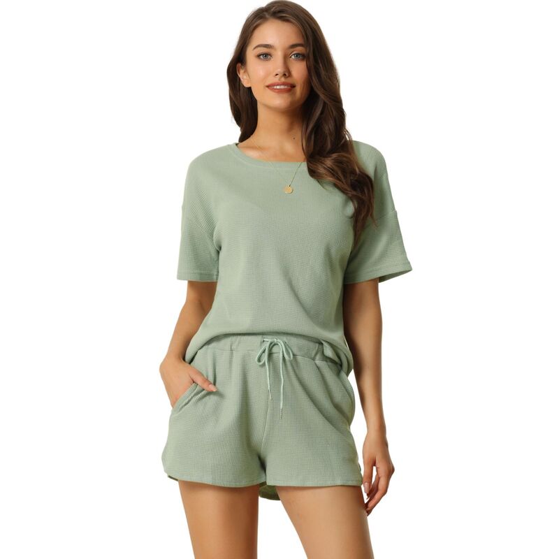 cheibear レディース アンダーウェア ナイトウェア ショートパンツ ニット cheibear Women'short Sleeve Pullover Top with Shorts Casual Waffle Knit Loungewear Set Green グリーン