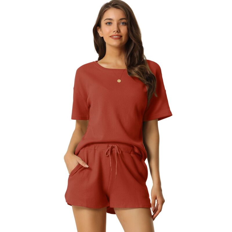cheibear レディース アンダーウェア ナイトウェア ショートパンツ ニット cheibear Women'short Sleeve Pullover Top with Shorts Casual Waffle Knit Loungewear Set Red レッド｜ReVida 店