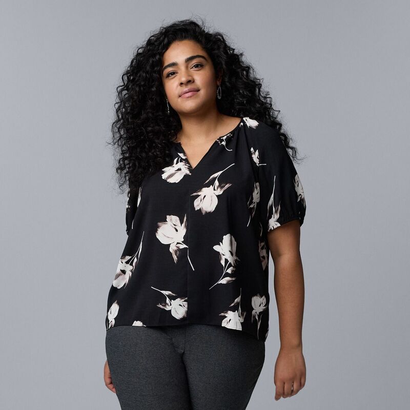 ヴェラウォン レディース トップス プルオーバー つけ加える大きさ トップ Plusize Simply Vera Wang Shirred Blouse Black White Floral 白いこと