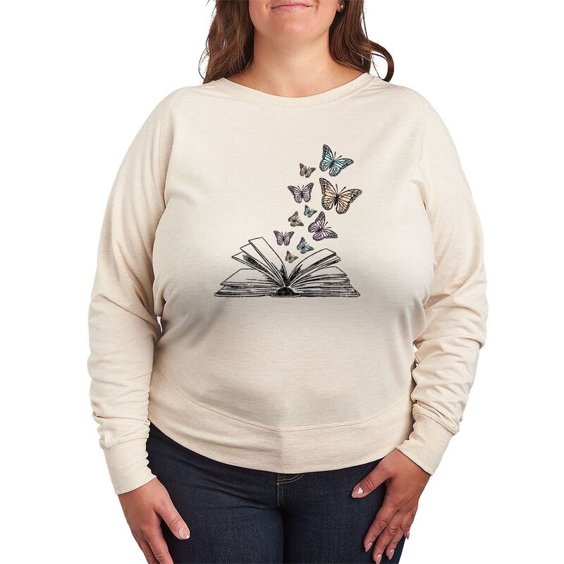アニメキャラクター レディース トップス Tシャツ プラスサイズ パイル Licensed Character Plusize Butterfly Book French Terry Long Sleeve Tee Beige ベージュ