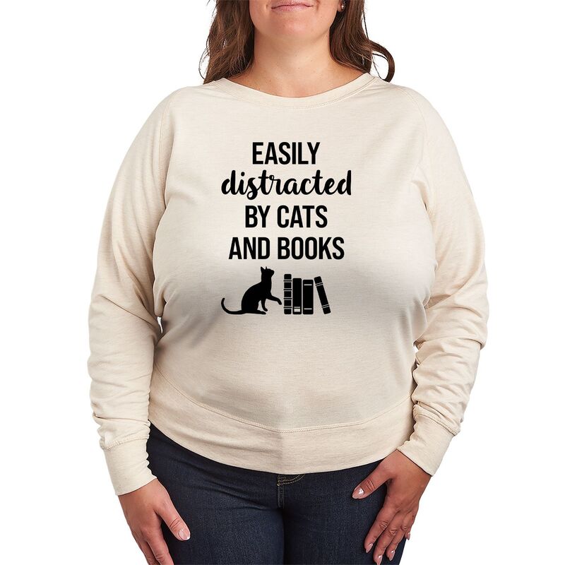 アニメキャラクター レディース トップス Tシャツ プラスサイズ パイル Licensed Character Plusizeasily Distracted By Cats & Books French Terry Long Sleeve Tee Beige ベージュ