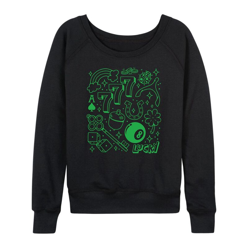 アニメキャラクター レディース トップス Tシャツ パイル Licensed Character Women's Lucky Symbols Collage French Terry Long Sleeve Tee Black ブラック