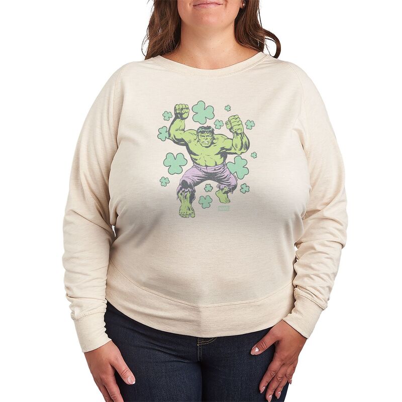 マーベル レディース トップス Tシャツ プラスサイズ パイル Plusize Marvel Hulk Shamrocks Distressed French Terry Long Sleeve Tee Beige ベージュ