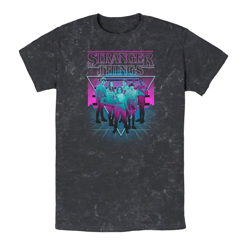 アニメキャラクター メンズ トップス Tシャツ Licensed Character Men'stranger Things Group Shot Neon Triangle Mineral Wash Tee Black ブラック｜ReVida 店