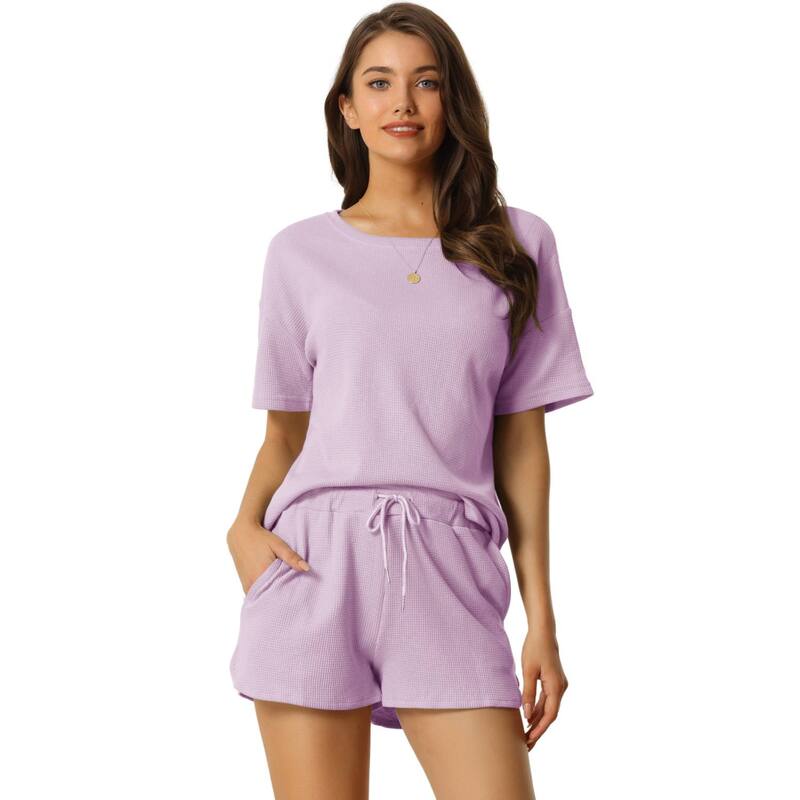 cheibear レディース アンダーウェア ナイトウェア ショートパンツ ニット cheibear Women'short Sleeve Pullover Top with Shorts Casual Waffle Knit Loungewear Set Purple パープル