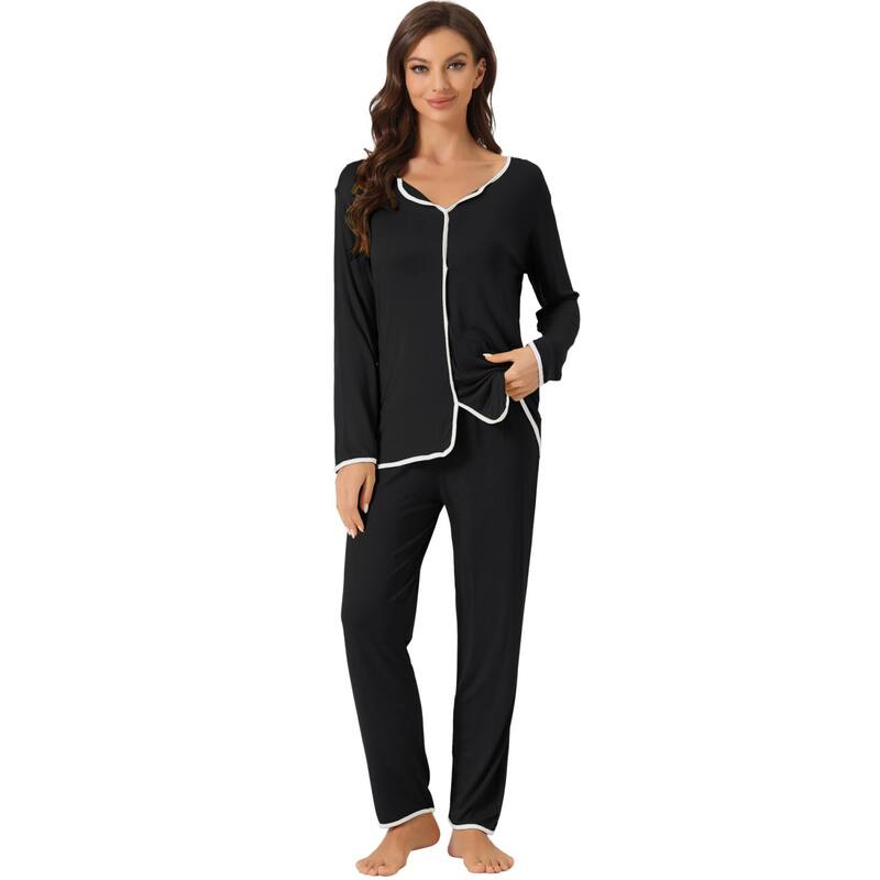 cheibear レディース アンダーウェア ナイトウェア パンツ cheibear Womensleepwear Pajamas Long Sleeve Pullover Tops with Pants Lounge Sets Black ブラック