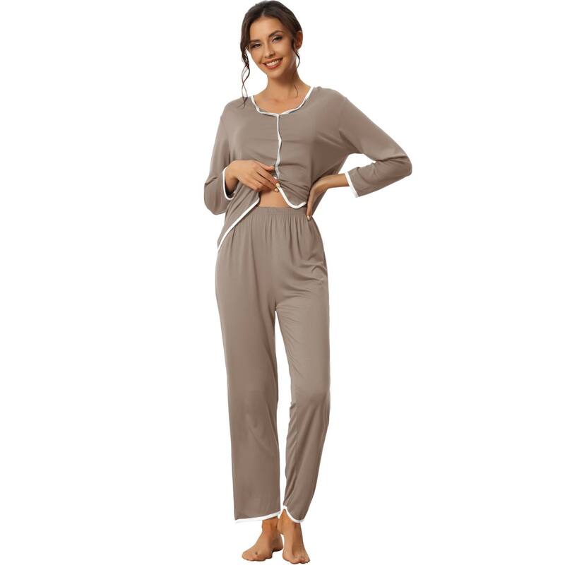 cheibear レディース アンダーウェア ナイトウェア パンツ cheibear Womensleepwear Pajamas Long Sleeve Pullover Tops with Pants Lounge Sets Khaki カーキ