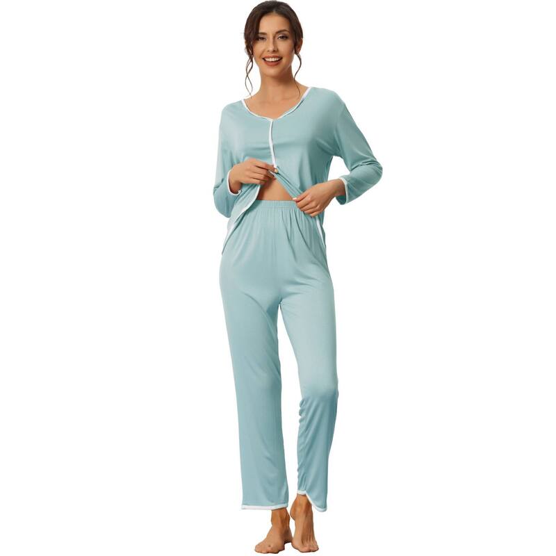 cheibear レディース アンダーウェア ナイトウェア パンツ cheibear Womensleepwear Pajamas Long Sleeve Pullover Tops with Pants Lounge Sets Light Blue ブルー