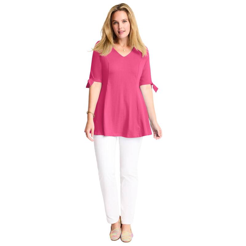 ウーマン ウィズイン レディース トップス Tシャツ プラスサイズ Woman Within Plusize Three-Quarter Tie-Sleeve Tunic Peony Petal|ReVida 店