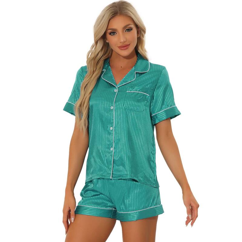 cheibear レディース アンダーウェア ナイトウェア ボタンダウン ショートパンツ サテン ダウン cheibear Women's Pajama Short Sleeves Button Down Top and Shortsatin Sets Blue Stripe ブルー｜ReVida 店