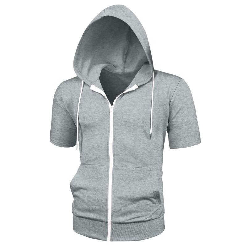 Lars Amadeus メンズ トップス Tシャツ パーカー Lars Amadeus Men'short Sleeve Hoodie Solid Color Zip up Hoodies Gray グレー