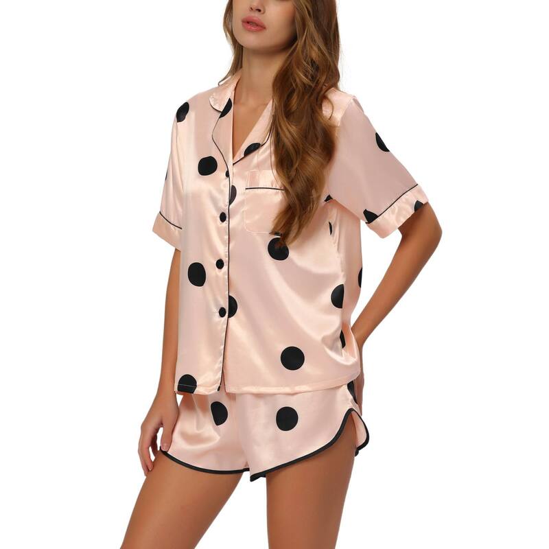 cheibear レディース アンダーウェア ナイトウェア ショートパンツ サテン cheibear Women'satin Pajamas Nightwear 2pcsleepwear Tops with Shorts Lounge PJ Sets Champagne Pink ピンク｜ReVida 店