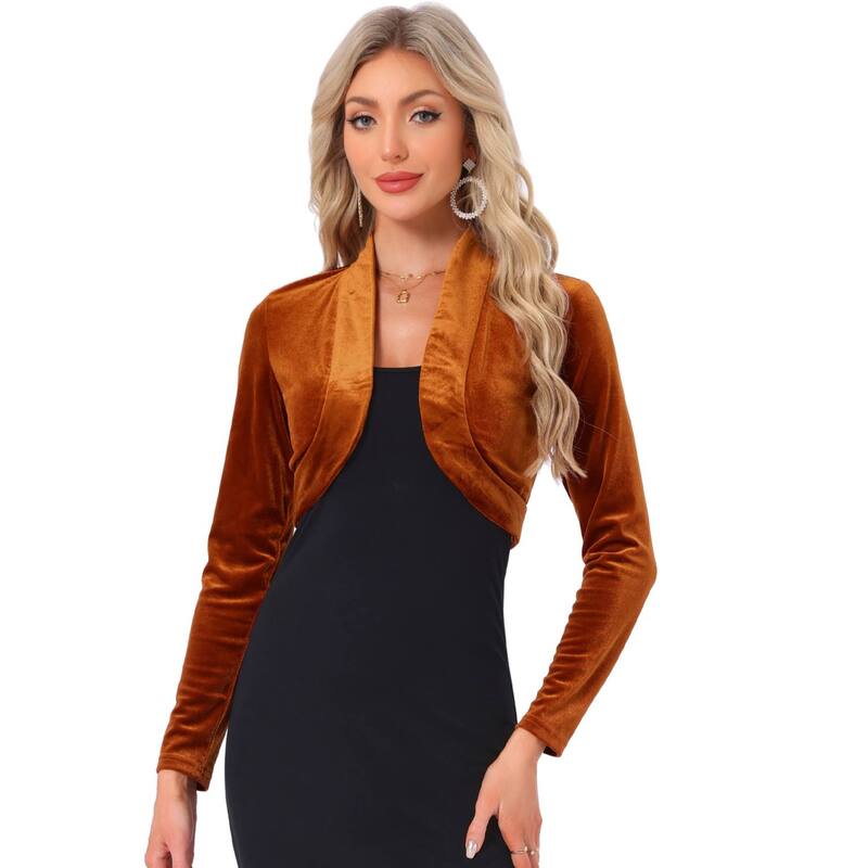 アレグラ ケー レディース トップス Tシャツ ベルベット クロップド ALLEGRA K Women's Long Sleeve Open Front Velvet Cropped Bolero Shrug Caramel
