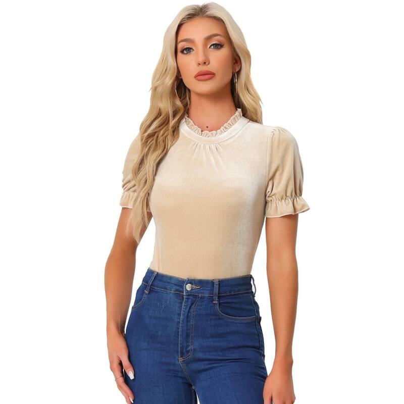 アレグラ ケー レディース トップス シャツ フリル ベルベット ブラウス ALLEGRA K Ruffle Collar Shirt for Women'short Sleevelvetops Blouse Khaki カーキ｜ReVida 店