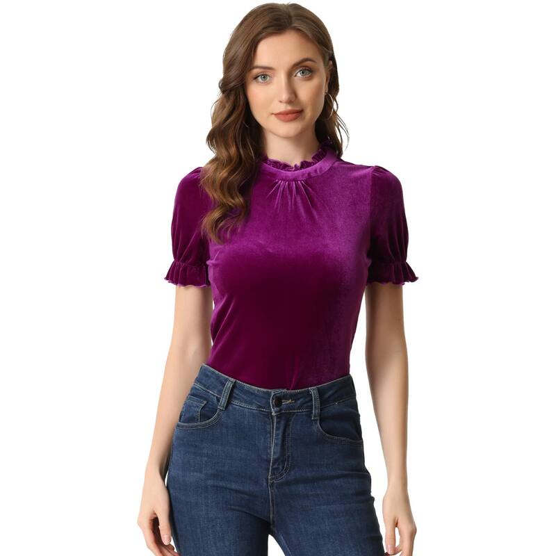 アレグラ ケー レディース トップス シャツ フリル ベルベット ブラウス ALLEGRA K Ruffle Collar Shirt for Women'short Sleevelvetops Blouse Purple パープル|ReVida 店