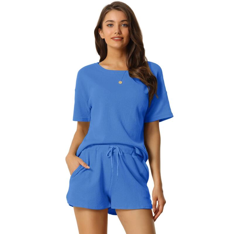 cheibear レディース アンダーウェア ナイトウェア ショートパンツ ニット cheibear Women'short Sleeve Pullover Top with Shorts Casual Waffle Knit Loungewear Set  Blue ブルー