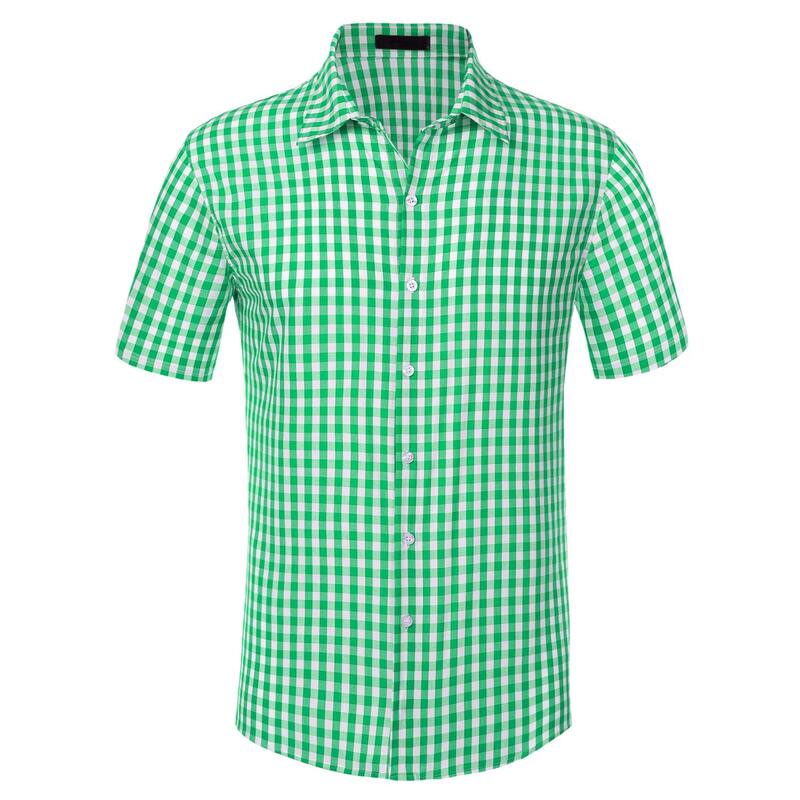 Lars Amadeus メンズ トップス Tシャツ Lars Amadeus Checked Shirts For Men'short Sleeves Button Formal Plaid Tartan Dresshirt Green グリーン|ReVida 店