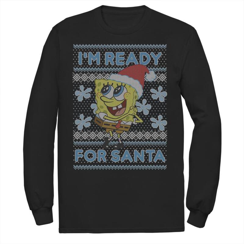ニコロデオン メンズ トップス Tシャツ パンツ グラフィック Men's Nickelodeon SpongeBob SquarePants I'm Ready For Santa Ugly Christmas Long Sleeve Graphic Tee Black ブラック
