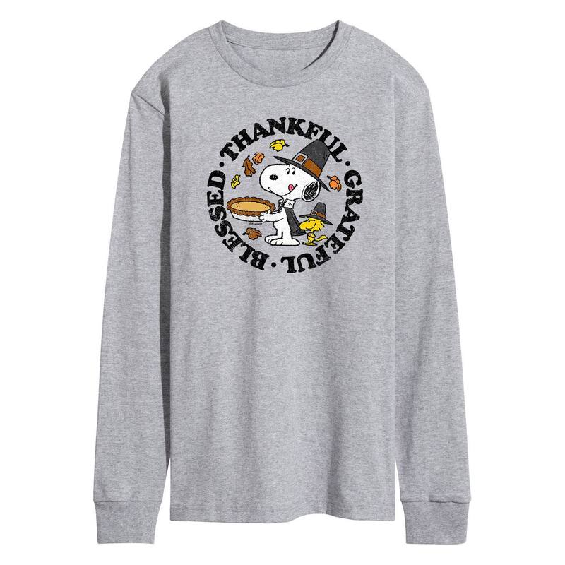 アニメ人となり メンズ トップス ティーシャツ Licensed Character Men\u0027s Peanuts Thankful Grateful Blessed Tee Gray 薄墨色 Tシャツ・カットソー-メンズファッション