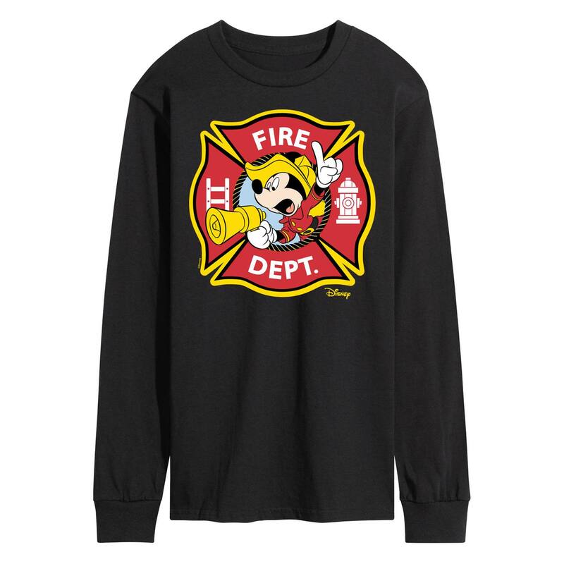 ウォルトディズニー メンズ トップス ティーシャツ グラフィック Disney\u0027s Mickey Mouse Men\u0027s Fire Dept. Badge Long Sleeve Graphic Tee Black 黒いこと Tシャツ・カットソー-メンズファッション