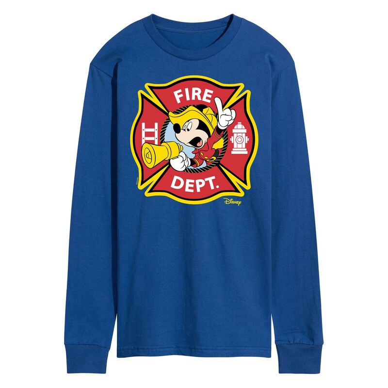 ウォルトディズニー メンズ トップス ティーシャツ グラフィック Disney\u0027s Mickey Mouse Men\u0027s Fire Dept. Badge Long Sleeve Graphic Tee Blue 青色 メンズファッション-Tシャツ・カットソー