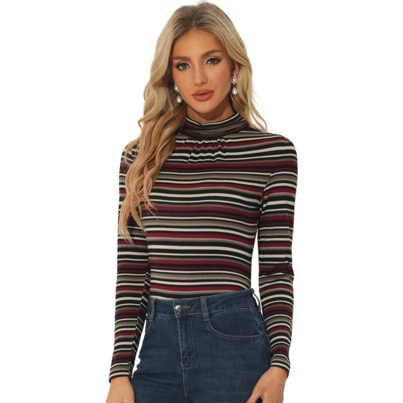 アレグラ ケー レディース トップス シャツ タートルネック ALLEGRA K Women's Long Sleeve Turtleneck Topstretch Slim Party Plaid Shirt Black Striped ブラック｜ReVida 店