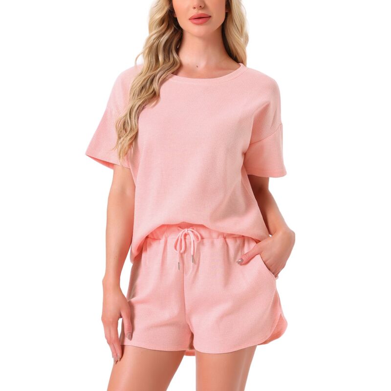 cheibear レディース アンダーウェア ナイトウェア ショートパンツ ニット cheibear Women'short Sleeve Pullover Top with Shorts Casual Waffle Knit Loungewear Set Soft Pink ピンク