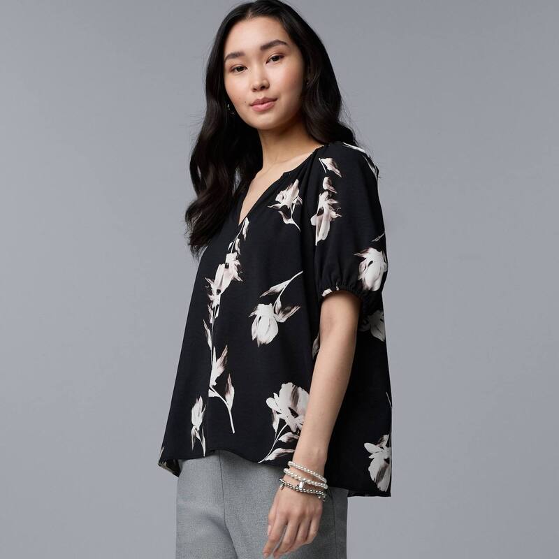 ヴェラウォン レディース トップス プルオーバー トップ Women\u0027simply Vera Wang Shirred Blouse Black White Floral 白いこと