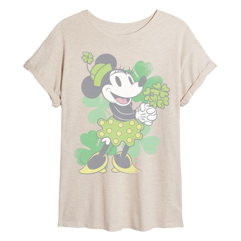 ディズニー レディース トップス Tシャツ Juniors' Disney's Minnie Mouse Clovers Distressed Oversized Tee Beige ベージュ