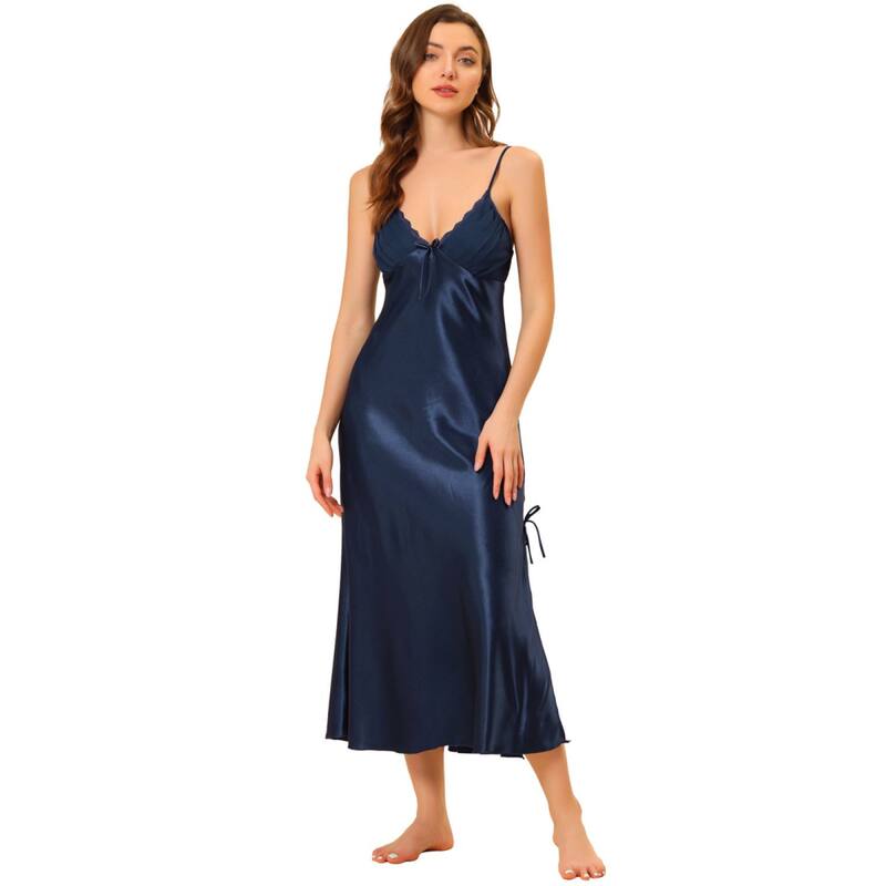 アレグラ ケー レディース アンダーウェア ナイトウェア Vネック ミディ サテン ALLEGRA K Women'satin Pajama V Neck Nightdressoft Midi Lounge Dress Blue ブルー｜ReVida 店